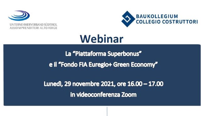 Webinar "La piattaforma Superbonus" e il fondo "AIF Euregio+ Green Economy" 29.11.2021